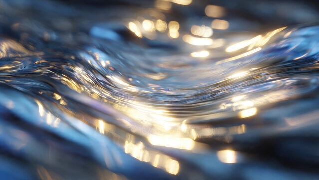 A close-up view of shimmering liquid waves with golden light reflections and ethereal blue tones, creating an abstract, serene texture.