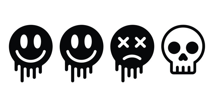 Black and white vector illustration of dripping smiley faces and a skull on a white background