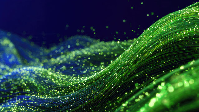 Dynamic abstract representation of glowing green data streams and particles forming undulating patterns against a deep blue background.