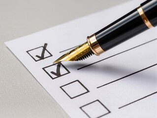 A gold-tipped, stylish black fountain pen that checks off a checklist. The concept of completion and task.