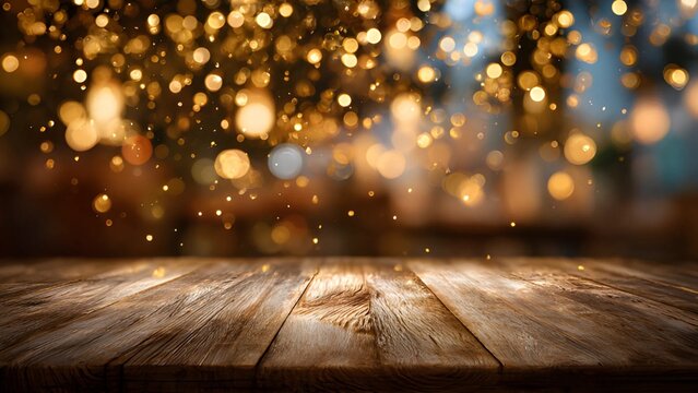 Rustic empty wooden tabletop with warm golden sparkle festive Christmas background. Empty wooden table with a blurred background of festive blur bokeh lantern lamps lights