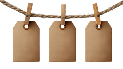 Three Blank Brown Kraft Tags Hanging on a Twine String with Wooden Clothespins Transparent