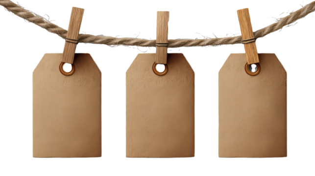 Three Blank Brown Kraft Tags Hanging on a Twine String with Wooden Clothespins Transparent
