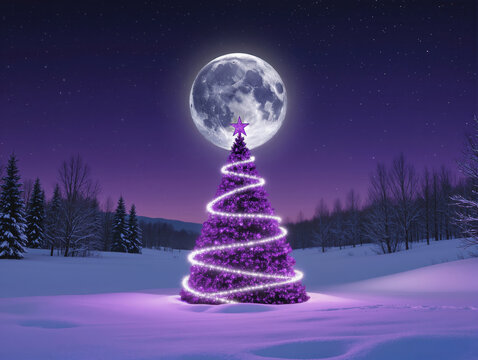 A Christmas tree made of purple sparkles and trails of light, a full moon and a dark purple winter night scene covered in snow. - Powered by Adobe