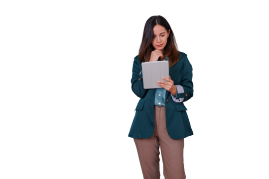 Businesswoman thinking, holding tablet, and analyzing information. Reflecting on strategy and solutions for business growth