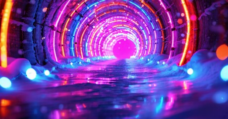 Fototapeta premium Bright tunnel glows with vibrant neon lights. Wet surface reflects colorful illumination, creating immersive experience. Dark surrounds light.