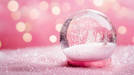 Enchanting pink Christmas snow globe with delicate winter scene makes the perfect holiday card or adds a touch of magic to your seasonal designs