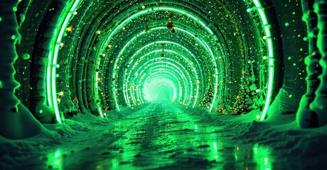 Fototapeta premium Glowing tunnel extends forward. Bright green light illuminates path, creating futuristic impression. Dark surroundings emphasize luminosity.
