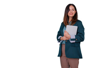 Fototapeta premium Professional businesswoman holding tablet computer, smiling portrait, transparent background