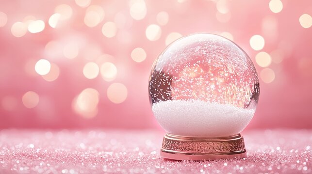 Dreamy snow globe with sparkling snow on pink glitter background evokes magic and wonder, perfect for holiday promotions and winter sales campaigns