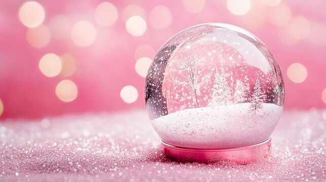 Enchanting pink Christmas snow globe with delicate winter scene makes the perfect holiday card or adds a touch of magic to your seasonal designs