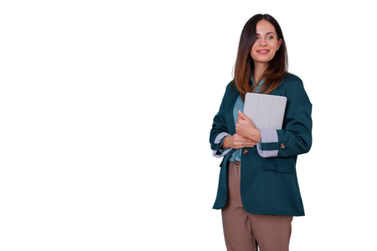 Professional businesswoman holding tablet computer, smiling portrait, transparent background