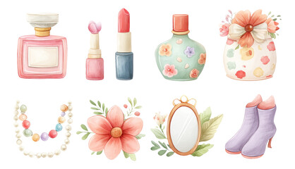 Elegant Collection of Beauty and Fashion Items in Soft Watercolor Style