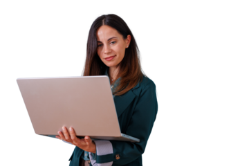 Professional woman working on laptop, managing business tasks, connecting remotely, digital communication with transparent background