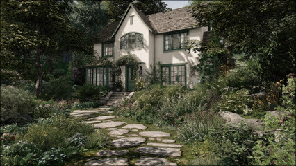 A picturesque house with green trim, nestled in a lush, overgrown garden. A winding stone path leads to this serene home.