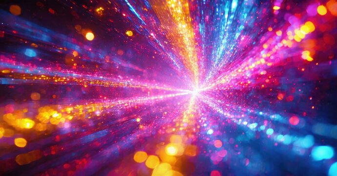 Bright explosion, vibrant colors radiate outward. Energy bursts, light streaks create dynamic visual effect. Intense, abstract composition.