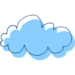 Simple light blue cartoon cloud with dark blue outline and white highlights isolated on transparent background