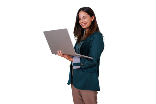 Smart businesswoman smiling while working with laptop, standing confidently, global connectivity and modern entrepreneurship - Powered by Adobe