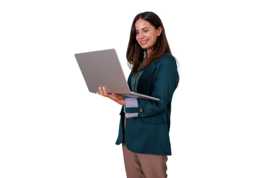 Smart businesswoman smiling while working with laptop, standing confidently, global connectivity and modern entrepreneurship