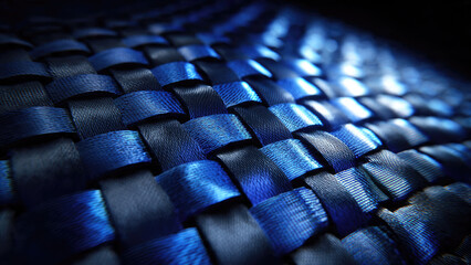 Obraz premium A close-up shot of dark and vibrant blue woven straps, creating an intricate texture and abstract pattern with shimmering light reflections.