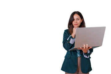 Thoughtful woman working remotely on laptop, analyzing data, planning strategy, or learning new skills online, with transparent background