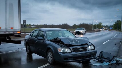 Dramatic video of car accident with semi-truck on a rainy highway, showing damage and aftermath for insurance or safety campaign use