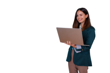 Businesswoman standing and working online with a laptop, smiling happily, managing corporate tasks with technology on transparent background