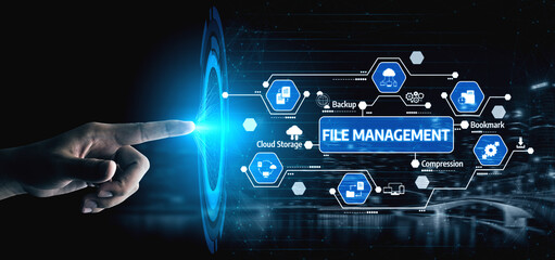 A conceptual representation of digital file management featuring icons for cloud storage, backup, and compression. This image highlights modern technology interactions. Tessel