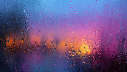 Rain-streaked window captures a vibrant, blurry city nightscape with glowing orange, purple, and blue lights, creating a moody, abstract atmosphere.