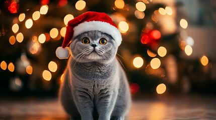 Adorable gray cat wearing Santa hat looks at the camera with a Christmas tree and lights in the background perfect for holiday cheer