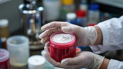 Scientist hand mixing luxurious skincare cream in a lab for beauty and wellness, perfect for cosmetic advertising and pharmaceutical research videos