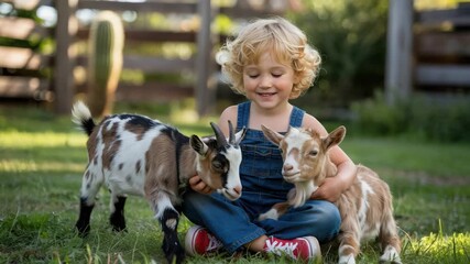 Adorable young farmer lovingly playing with baby goats on a sunny farm adventure, creating heartwarming memories and promoting sustainable living