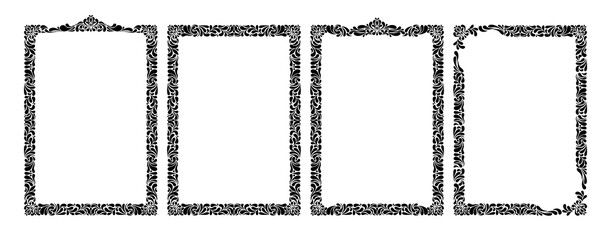 Vintage Damask A4 Frames Isolated Vector Set Rococo Ornate Wedding Card or Invitation, Elegant Illustration Decorative Floral Border Calligraphic Victorian Ornaments for Posters or Cards