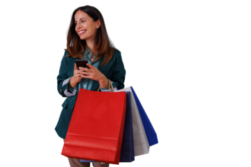 Happy woman actively shopping, carrying colorful bags, checking phone, engaging with mobile commerce on transparent background