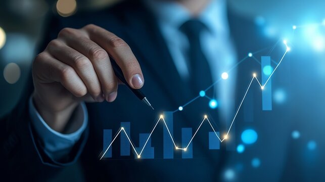 Professional pointing at dynamic financial growth chart showing business progress and success in a modern, innovative market analysis strategy