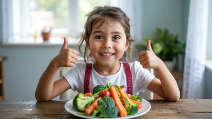 Happy little girl gives thumbs up to healthy vegetables, promoting nutrition and wellness for kids, making healthy eating fun and enjoyable