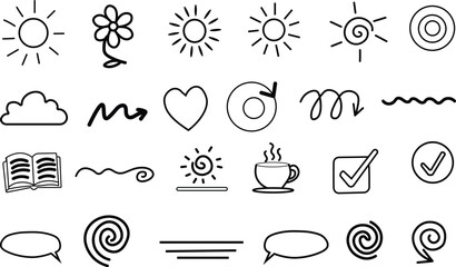 Hand drawn doodle elements set with sun flower heart and speech bubbles