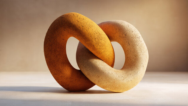 Two textured, donut-shaped objects, one amber and one beige, interlock in a minimalist composition, symbolizing connection and balance.