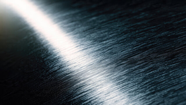 Close-up of a dark, brushed metal or carbon fiber surface with a striking diagonal light reflection highlighting its detailed linear texture.
