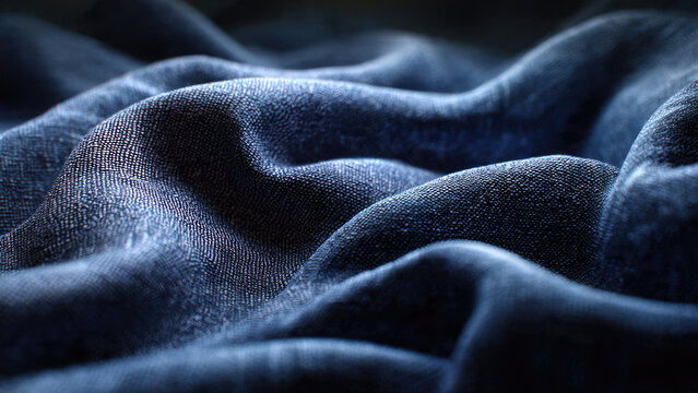 Close-up of rippled dark blue fabric, possibly denim, showcasing rich texture and soft folds in an elegant, abstract pattern.