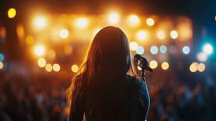 Singer captivating crowd with powerful performance under vibrant stage lights, creating an unforgettable night full of energy and excitement