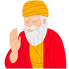 line art illustration depicting a revered figure, Guru Nanak Dev Ji, the founder of Sikhism. The style is simple, clean, symbolizing devotion, wisdom, and Punjabi culture.