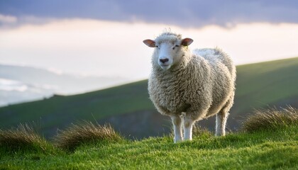 Obraz premium Curly Fleeced Sheep Standing Peacefully With Eyes Closed As The Wind Blows Through Its Wool On A Rural Hillside