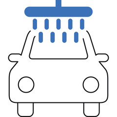 Simple Line Art Icon of a White Car Being Washed Under a Blue Shower Nozzle Showing Water Droplets Falling Cleanliness Automotive Service Concept Transparent Background