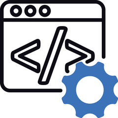 Simple Line Art Icon Representing Web Development and Coding With A Gear Symbol On A Transparent Background