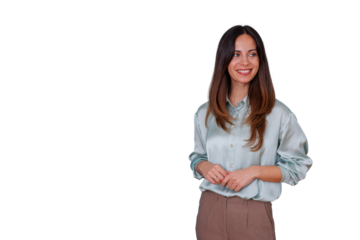 Professional woman smiling, looking away with hands clasped, representing positivity, success, and business leadership