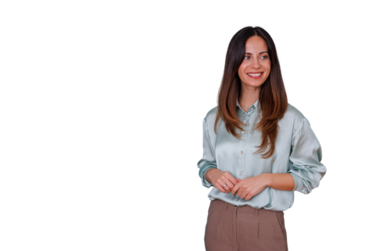 Professional woman smiling, looking away with hands clasped, representing positivity, success, and business leadership - Powered by Adobe