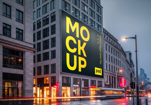 A billboard advertising mockup in a big city at night