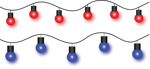 Colorful Festive String Lights Decoration – Red, & blue White Bulb Garland for Celebrations and Parties lsolated on White Background