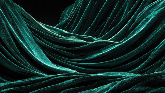An abstract, luxurious display of deep teal velvet fabric, draped elegantly with undulating folds and rich textures, creating a mysterious, opulent visual.
